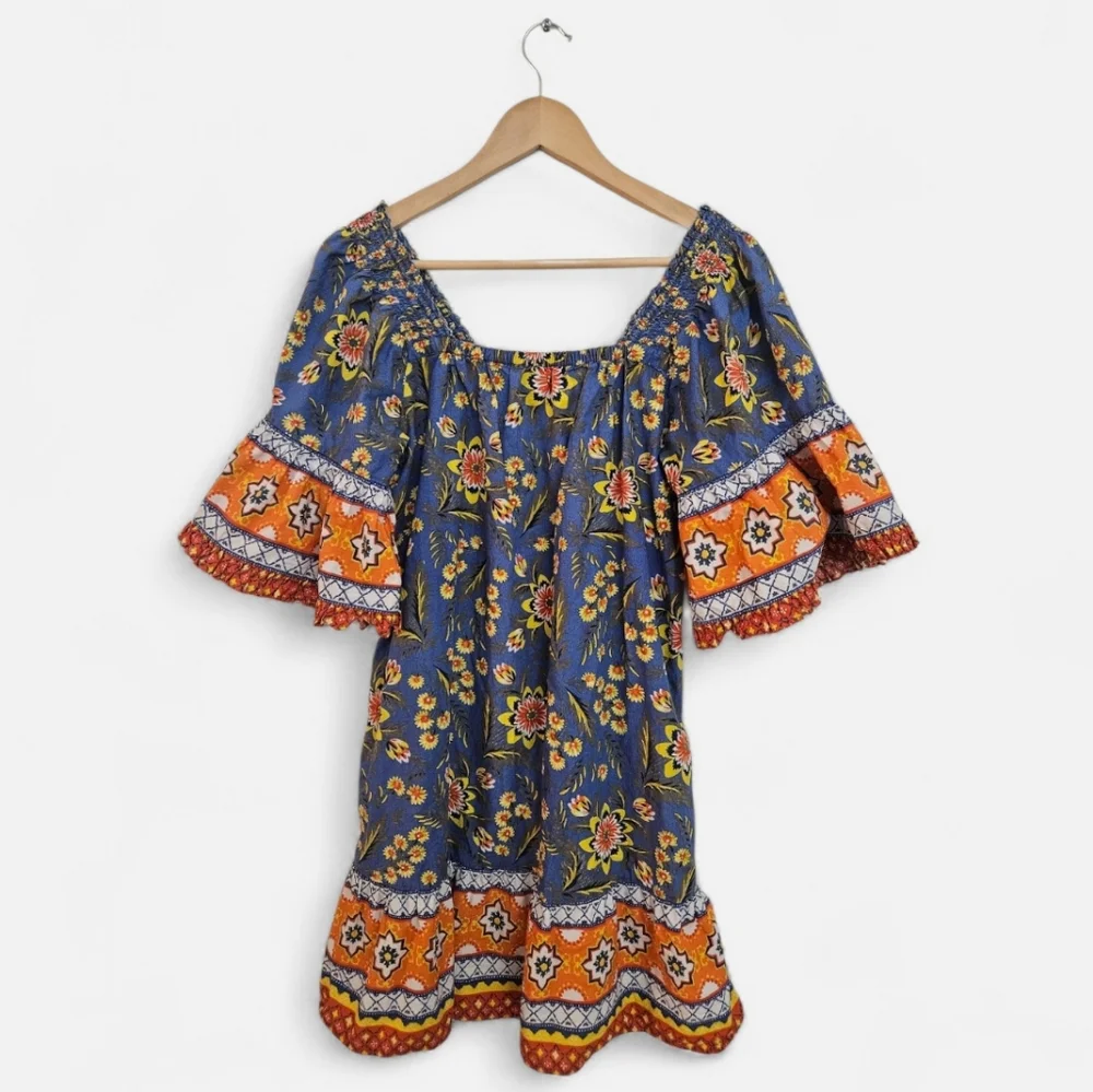 Joie Blue Floral‎ Smocked Square Neck Dress Bell Ruffle Sleeve Boho S